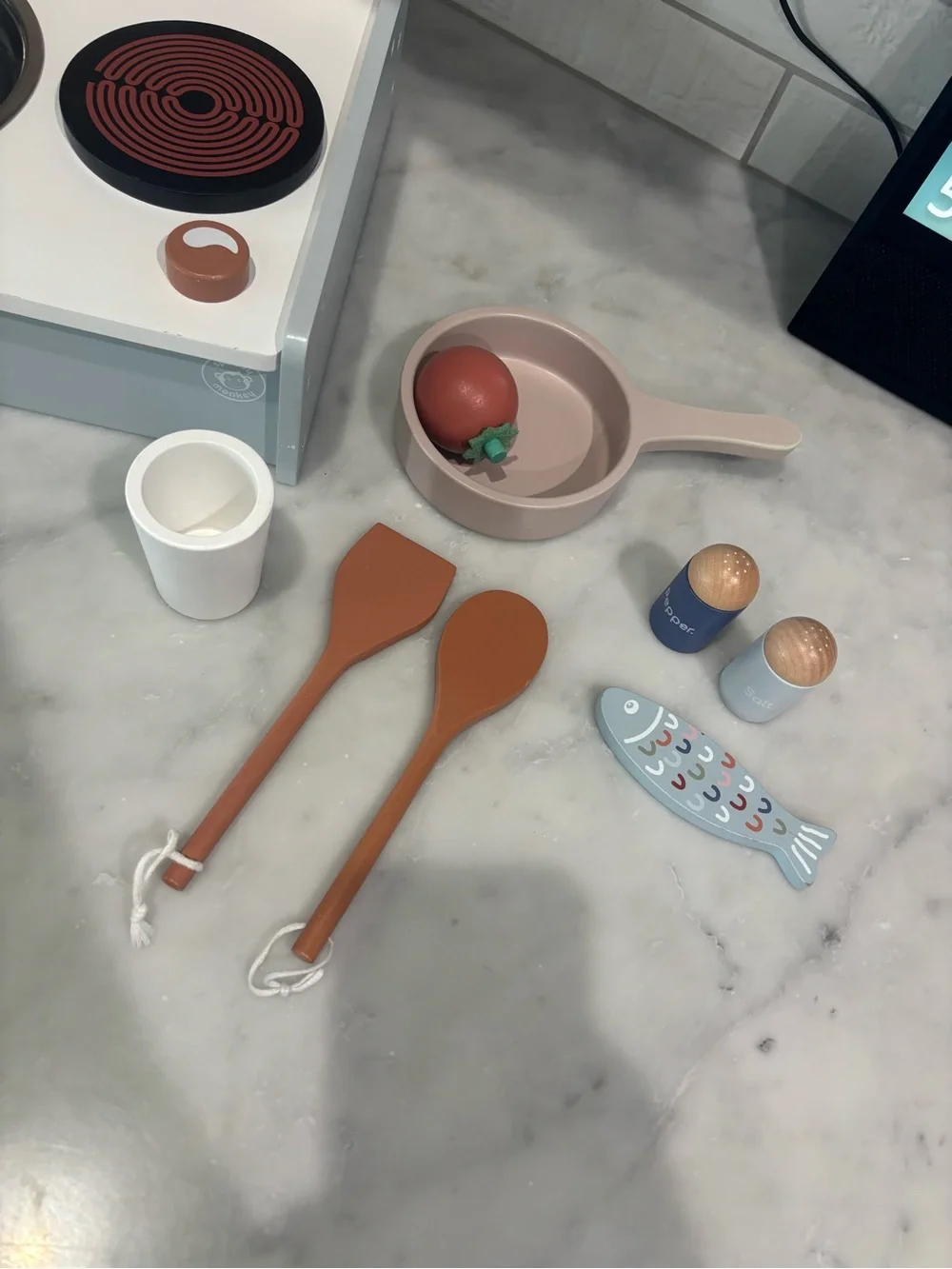 Wooden Play Kitchen Table Set with 8 Accessories - Pink & Blue